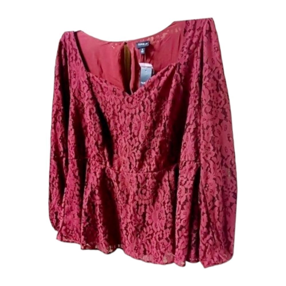 TORRID Plus Size  rhubarb peplum lace longsleeve puff sleeve top 3X - Picture 7 of 16